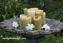 Beeswax Candles in Birdbath with Gardenias