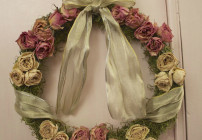 Christmas wreath, Shabby Chic, Dried Rose, Spanish Moss, Gold Ribbon, pink dresser, chalk paint